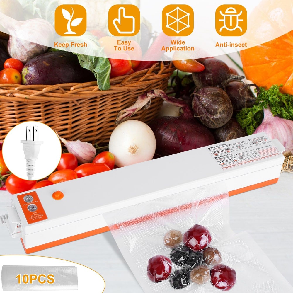 Vacuum sealer with LED indicators showing "Keep Fresh," "Easy to Use," "Wide Application," and "Anti-insect," next to a basket of fresh vegetables.