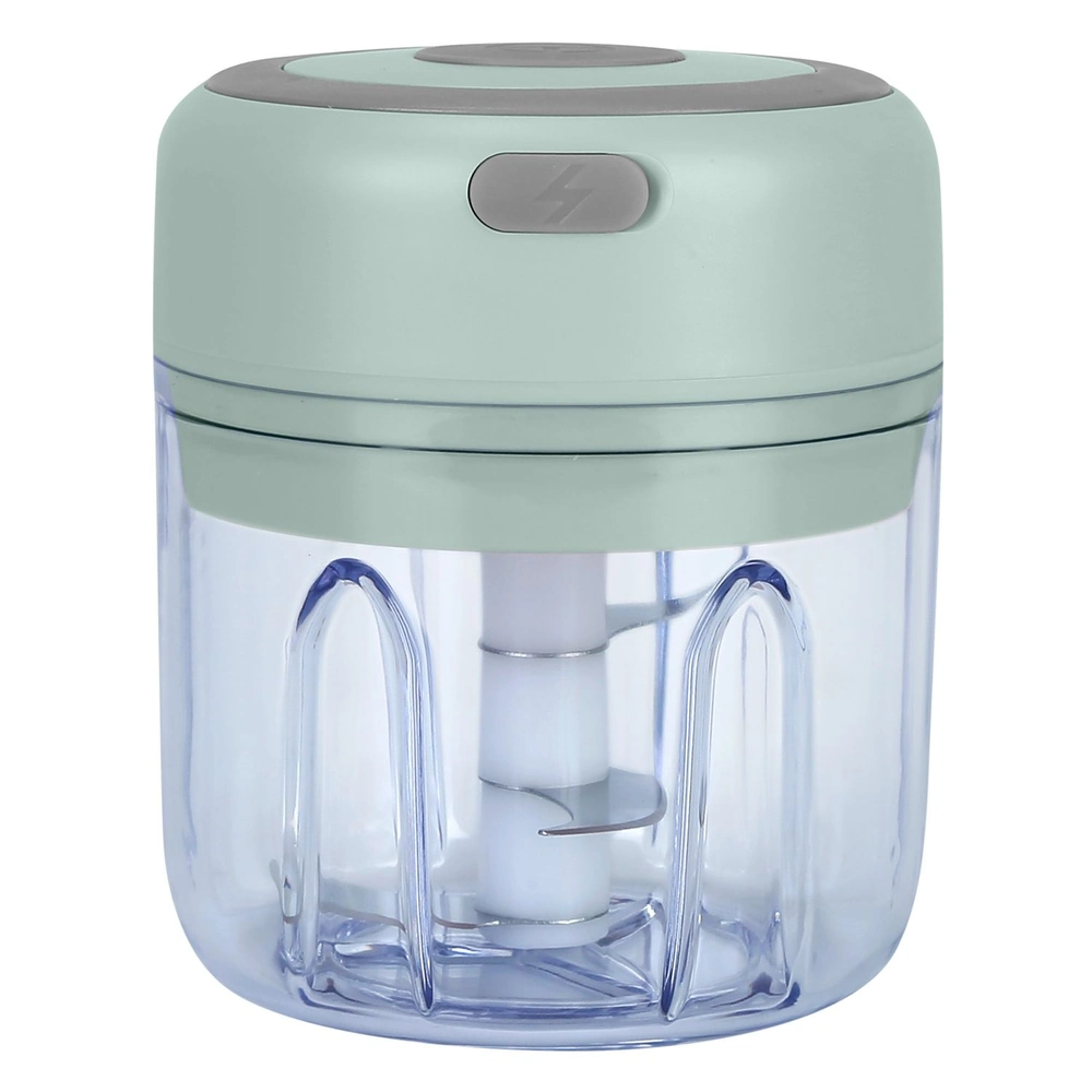 Electric mini food processor with a gray-green lid and transparent container.