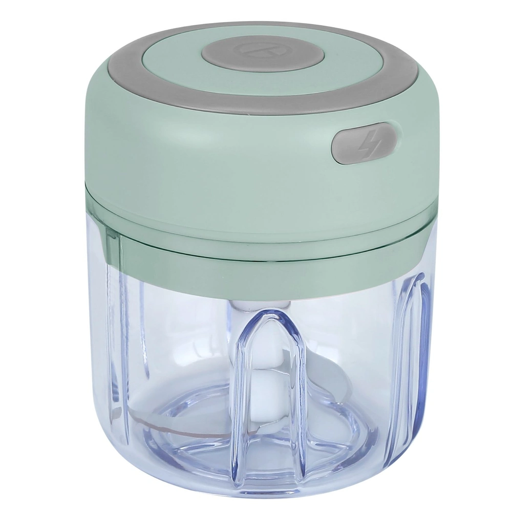 Portable electric mini food chopper with a green lid and transparent container.