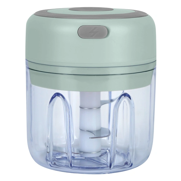 Electric mini food processor with a gray-green lid and transparent container.