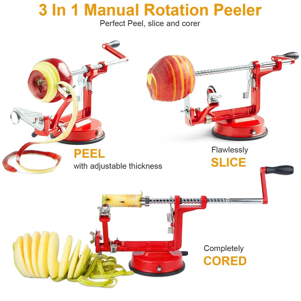 3 in 1 Manual Rotation Peeler demonstrating peeling, slicing, and coring functions with a red apple.