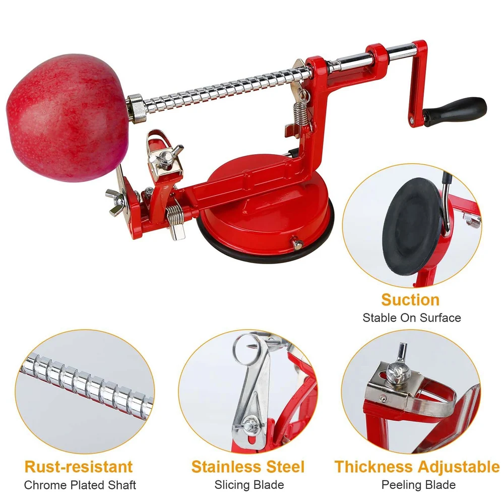 Red apple peeler corer slicer with suction base, rust-resistant chrome-plated shaft, stainless steel slicing blade, and adjustable thickness peeling blade.
