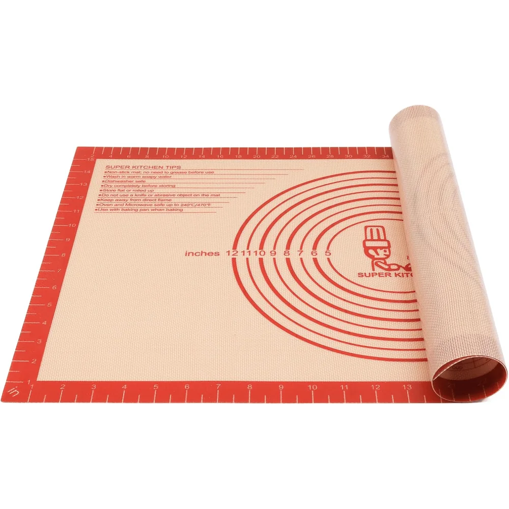 Non-stick silicone baking mat with measurement guides and rolling accessories.