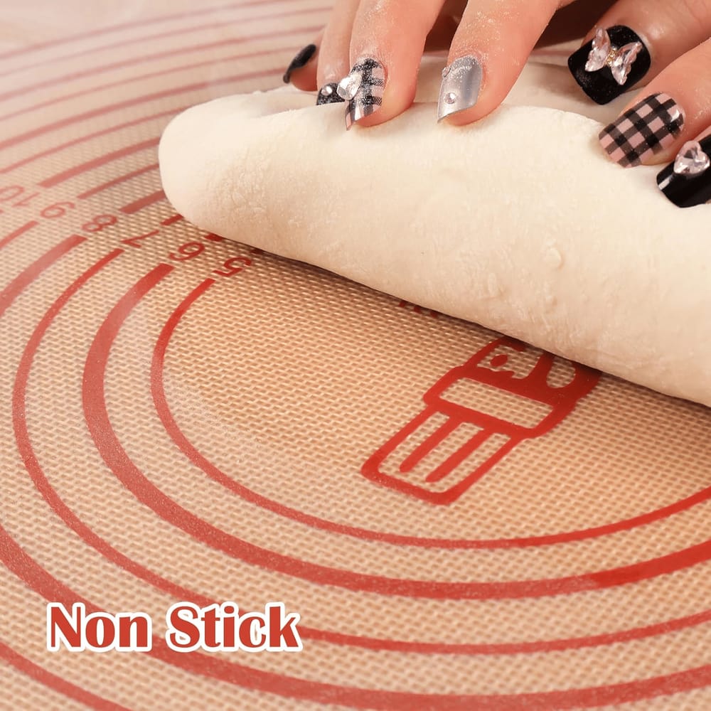 Rolling dough on a non-stick silicone baking mat with decorative nails