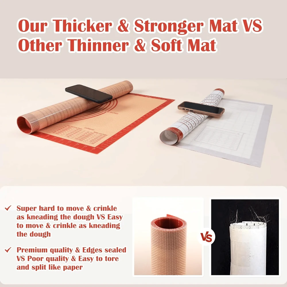 Comparison of thicker and stronger baking mat versus thinner and softer mat with text highlighting differences in durability and ease of use.